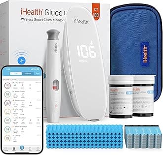 Gluco+ Wireless Smart Blood Glucose Monitor Kit with Free App, 100 Glucometer Strips, 100 Lancets, 1 Blood Sugar Monitor, 1 Lancing Device, Portable Diabetes Testing Kit for Home Use