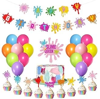 Slime Birthday Party Decorations Kit - Slime Queen Cake Topper Birthday Banner Cupcake Toppers Colorful Balloons for Kids Slime Party Baby Shower Party Supplies