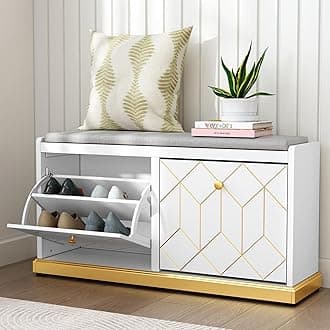 Shoe Bench Storage with Seat, White Shoe Cabinet Cupboard with Cushion & Flip-Drawer, Shoe Storage Cabinet for Hallway, Entryway