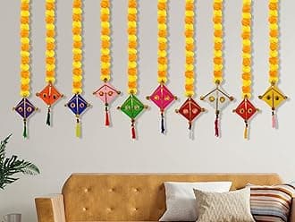 JH Gallery Handmade Artificial Marigold Fluffy Flowers with Colorful Woolen Kite Hanging, Perfect for Festive Decor (42 Inches Height Approx.) (Pack of 10)