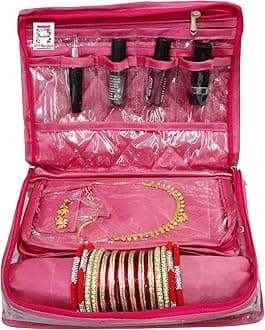 atorakushon Satin Makeup Jewellery Organizer Locker Box Set for Women and Girls for Necklaces Earring Ring Chains Case Cosmetic Travel Storage Bag (Pink)