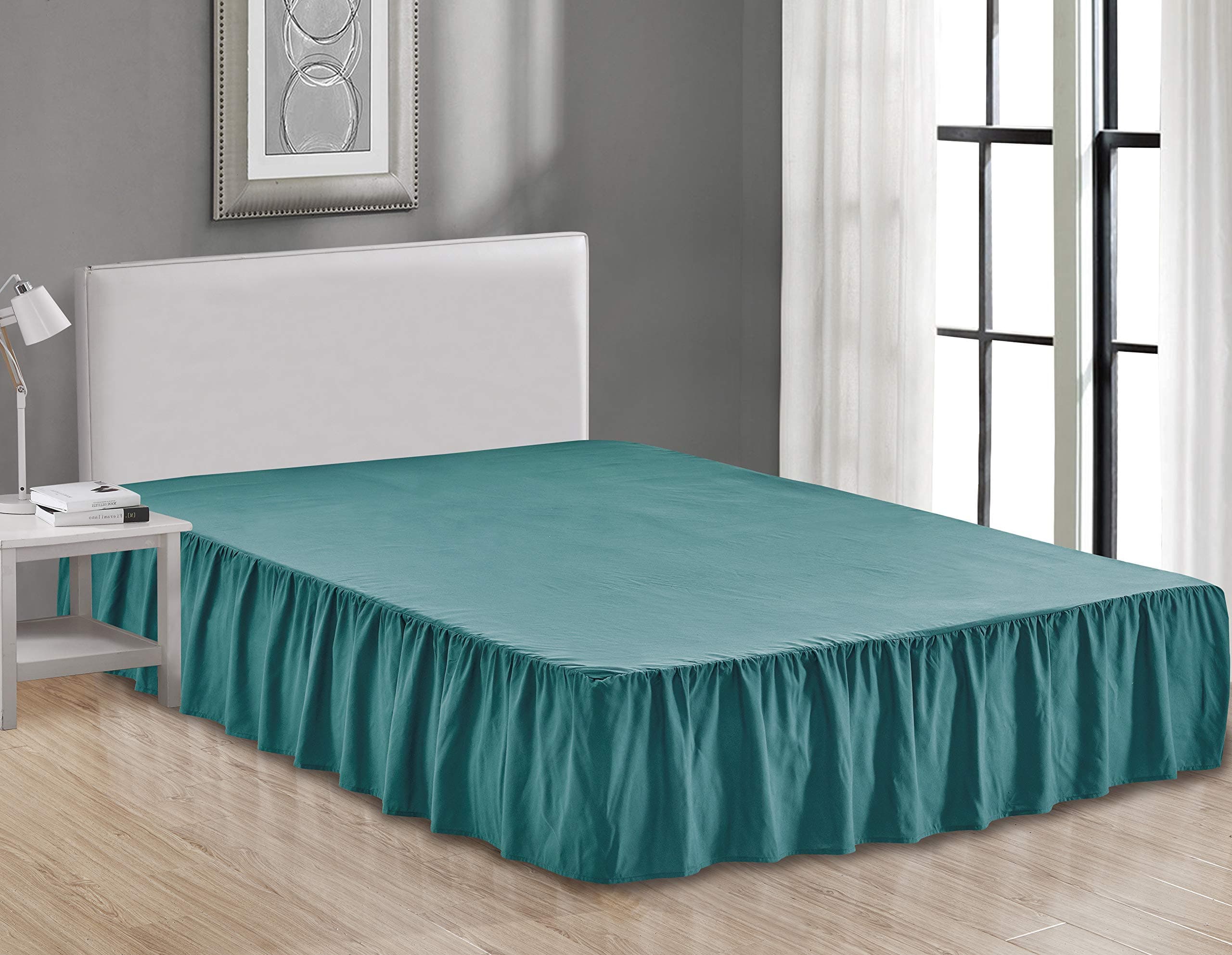 Sheets & Beyond Wrap Around Solid Microfiber Luxury Hotel Quality Fabric Bedroom Gathered Ruffled Bedding Bed Skirt 14 Inch Drop (Queen, Teal)