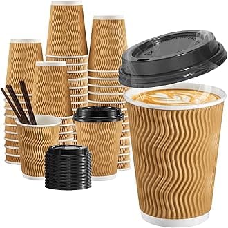 12 oz Coffee Cups-90 Pack Disposable Coffee Cups with Lids and Straws, Insulated Ripple Wall To Go Paper Coffee Cup for Coffee, Hot Chocolate and Hot Tea Drinks - Champagne