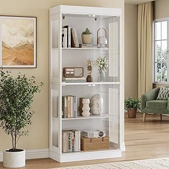 70.1" Display Cabinet with Glass Doors,4-Tier Curio Cabinet for Collectibles, Tempered Glass Display Case with Handleless Design for Living Room, Office, Kitchen，White
