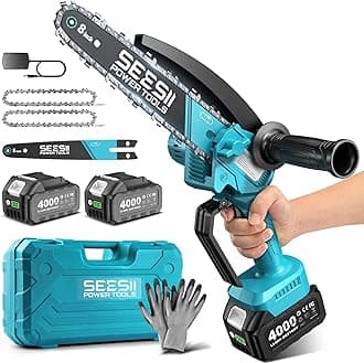 8 Inch Mini Cordless Chainsaw with High Capacity 4000mAh x2 Batteries, 900W Powerful Electric Chain Saws with Oiler System, Handheld Battery Powered Saw for Tree Trimming Pruning