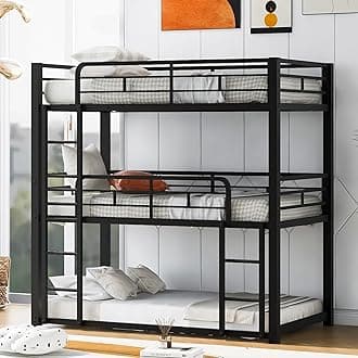 Metal Triple Bunk Beds, Twin over Twin over Twin Bunk Beds for 3, Modern Style Heavy-Duty Steel Frame Bunk Bed with Safety Rail, Built-in Ladder for Bedroom, Dorm, Kids, Teens, Adults (Black)