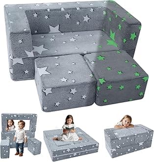 MeMoreCool Modular Kids Play Couch Sofa – Glow in The Dark Star Design, Fold-Out Toddler Couch for Playroom Furniture, Grey