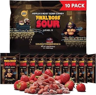 Final Boss Sour Candy, Sour Strawberries, 10 Pack, Level 3, Fruit Chews with Real Dried Fruit, No Artificial Colors or Flavors, Low Calorie Snack for Kids, Teens, Adults, Lunch Boxes