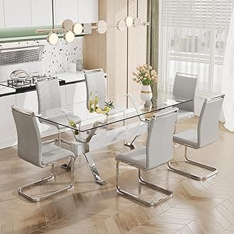 Pvillez Glass Dining Table Set for 6, 7 Piece Dining Room Table Set, 78" Modern Large Glass Kitchen&Dining Room Table w/Silver Metal Legs & Grey MDF Crossbars & 6 Light Grey PU Leather Dining Chairs