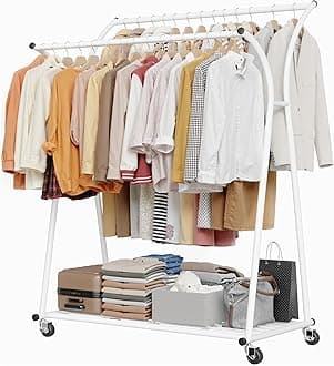 Heavy Duty Clothes Racks for Hanging Clothes, Clothing Rack with Wheels Load 360LBS, Portable Double Rod Garment Racks for Closet, Bedroom, Commercial Use, 69''H*52''W*20''D, White