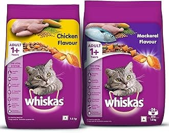 Whiskas Adult (+1 Year) Dry Cat Food, Chicken Flavour, 1.2kg Pack & Whiskas Adult (+1 Year) Dry Cat Food, Mackerel Flavour, 1.2kg Pack