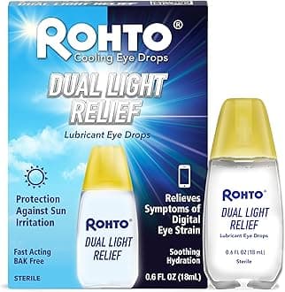 Rohto Dual Light Relief Cooling Lubricant Eye Drops, Protect Against Sun Irritation & Digital Eye Strain, Fast-Acting Relief of Dry Eyes, Irritation, Grittiness, Burning & Stinging, 0.6 fl oz
