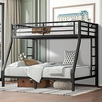 Twin Over Full Bunk Bed Frame, Heavy Duty Metal Loft Bed for Adults/Teens, 250/350LB Capacity w/Ladder & Guardrail, Noise-Free Steel Slats, No Box Spring Required, Black