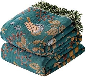 Queen Throw Blanket for Bed 100% Cotton Boho Soft Quilt Birds and Floral Double Embroidery Spring Breathable Bed Blanket,90"x90" Lightweight All Season Blankets for Bedding Couch Home Decor