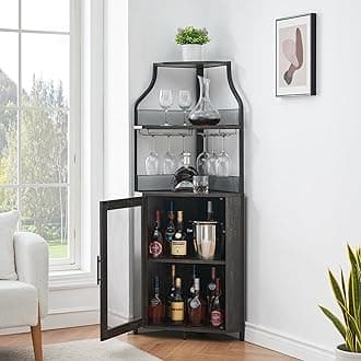 GarveeHome Corner Wine Bar Rack Cabinet with Detachable Wine Rack, Home Bar Cabinet with Barn Door and Adjustable Shelf, Wine Bar Cabinet and Buffet Cabinet with Mesh Door, Fire Wood