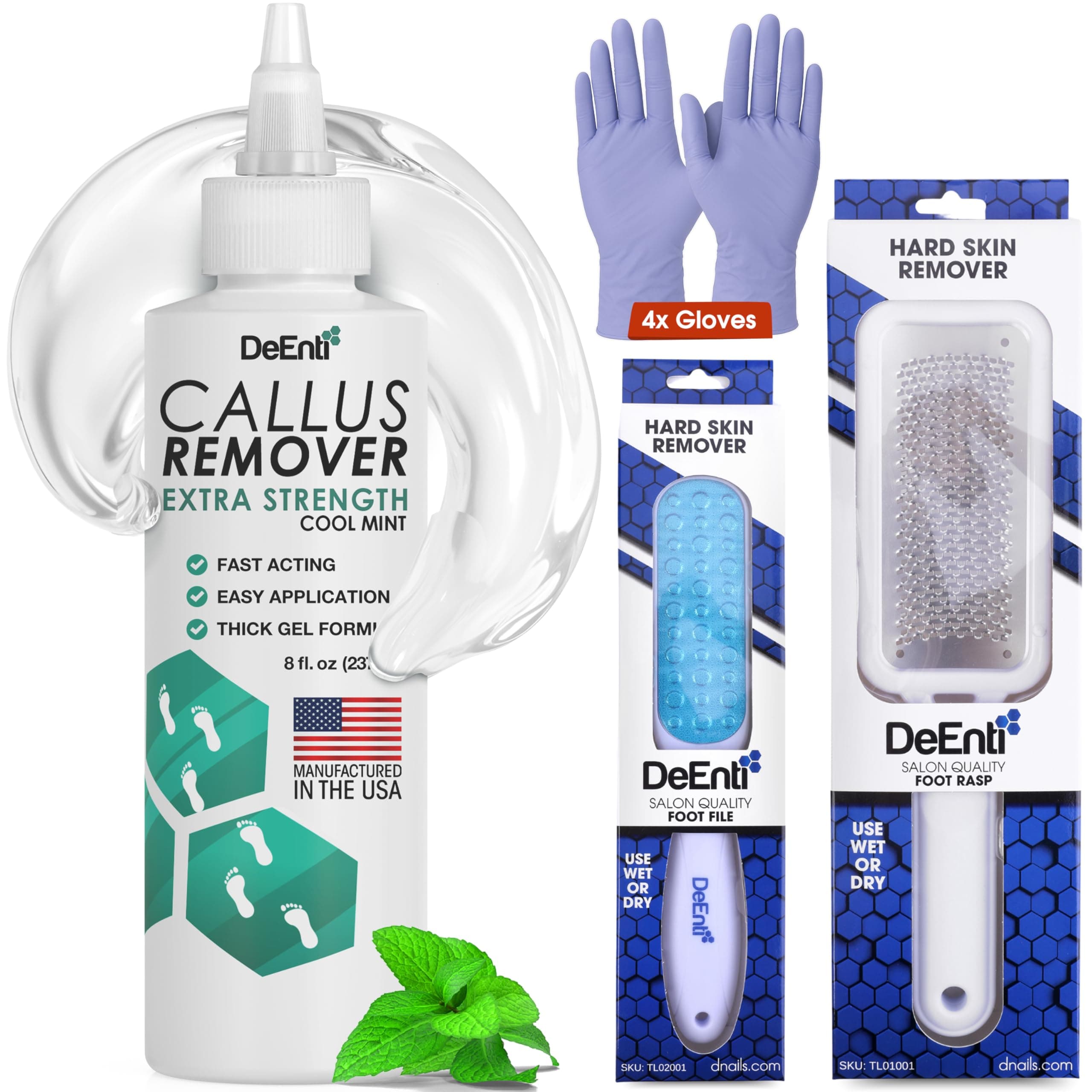 DeEnti Callus Maintenance Pack, Bundle Includes Mint Scented Callus Remover, Metal Foot Rasp, Foot File, and 4 Pairs of Gloves, Salon Grade Foot Care, Home Manicure and Pedicure Kit