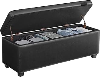 VASAGLE EKHO Collection - Storage Ottoman Bench, Entryway Bedroom Bench, 25 Gallons, Synthetic Leather with Stitching, Mid-Century Modern, Safety Hinges, Loads 660 lb, Ink Black ULOM075B01