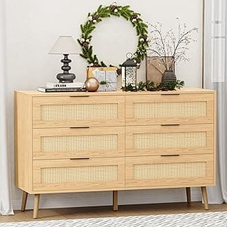 Dresser for Bedroom, Natural Rattan Closet Dresser with 6 Drawer, Wooden Dresser Chest of Drawers, Closet Dressers Chest for Nursery, Hallway, Living Room