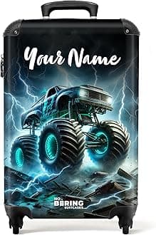 Children's Luggage Kids Suitcase for Boys - Personalised Lightweight Cabin Suitcase on Wheels - Monster Truck Blue Accents - 55x40x20cm - Hard Shell Trolley - 20" - 10kg