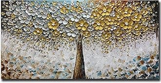 ART8YUQI Art - Contemporary Abstract Art Oil Painting On Canvas Texture 3D Silver - Golden Flower painting Handmade Artwork Picture Canvas Wall Art Modern Home Decor living room Ready to Hang 30x60 inch