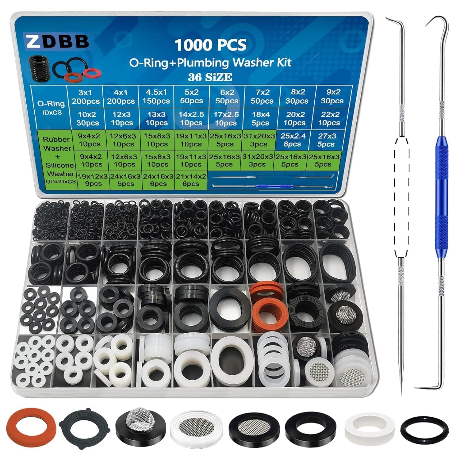 ZDBB 1000 Pcs 18 Size O Ring Kit+18 Size Rubber Washers Assortment Kit for Pl...