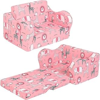 MOMCAYWEX Kids Sofa, 2-in-1 Flip-Out Foam Couch, Foldable Soft Play Lounge Chair, Pink