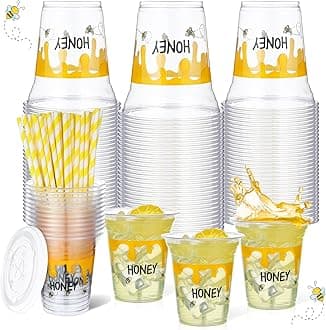 100 Pack Honey Bee Plastic Disposable Cups with Lids and Straws 12 oz Disposable Cups for Juice Water Coffee Summer Party Sports Party Supplies(Bee)
