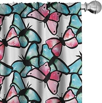 Ambesonne Teal Window Curtains, Hand Drawn Watercolor Abstract Butterflies Pattern Blue and Pink Animal Pattern, Lightweight Decor 2-Panel Set with Rod Pocket, Pair of - 28" x 63", Black Pink