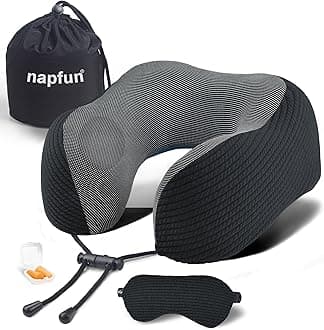 napfun Neck Pillow for Traveling, Upgraded Travel Neck Pillow for Airplane 100% Pure Memory Foam Travel Pillow for Flight Headrest Sleep, Portable Plane Accessories, Striped Black