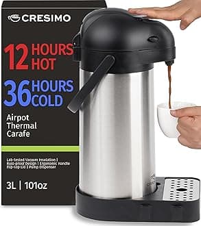 3L (101 oz) Airpot Thermal Coffee Carafe with Included Coffee Drip Tray and Cleaning Brush/Lever Action Stainless Steel Insulated Thermos / 12 Hour Heat and Cold Retention