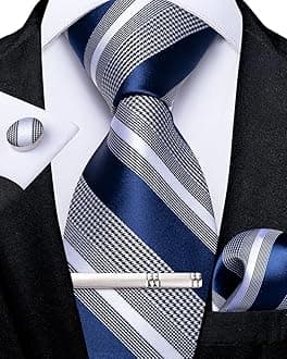 DiBanGu Mens Striped Tie Silk Woven Necktie and Pocket Square Cufflinks Tie Clip Set Wedding Business Formal Gift Tie for Men