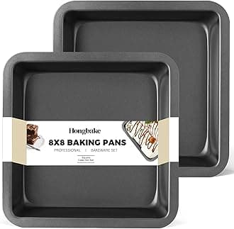 HONGBAKE 8x8 Cake Baking Pan Set, Nonstick Square Brownie Pans with Wider Grips, 2 Pieces, Heavy Duty, Grey