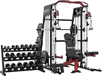 Mikolo Smith Machine, 2200lbs Squat Rack with LAT-Pull Down System & Cable Crossover Machine, Training Equipment with Leg Hold-Down Attachment