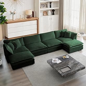 mikibama Modular Sectional Sofa, 146.5 Inch U Shaped Couch Set for Living Room, 4-Seater Comfy Cloud Couches with Two Movable Ottoman, DIY Combination, Chenille, Evergreen