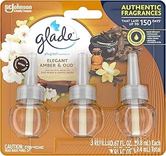 Glade PlugIns Refills Air Freshener, Scented and Essential Oils for Home and Bathroom, Elegant Amber & Oud, 2.01 Oz, 3 Count