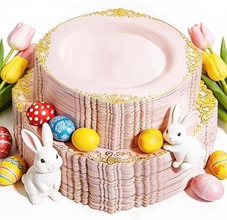 102PCS Pink Plastic Plates - Pink and Gold Plate - Heavyweight Disposable Plate with Gold Rim - Fancy Dinner & Dessert Plates for 51 Guests Weddings & Mother's Day & Parties