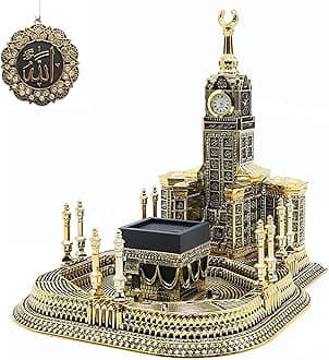 Modefa Islamic Table Decor – Kaba Clock Tower Replica with 99 Names of Allah & Car Hanger - Muslim Home Decor - Islamic Art Muslim Gifts for Ramadan, Eid Decoration - Gold (Large)
