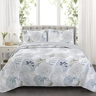 Cozy Line Home Fashions Nina Trista Flowers Aqua Blue Tape Grey Floral Print 100% Cotton Reversible Quilt Bedding Set, Bedspread Coverlet (Aqua Blue, King - 3 Piece)