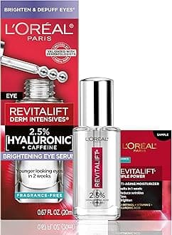 L'Oreal Paris Revitalift Hyaluronic Acid + Caffeine Hydrating Eye Serum for Dark Circles, Fragrance Free .67 fl. oz + Moisturizer Sample