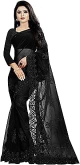 BARKIYA CREATION Women's Embroidered Work Net Fabric Saree With Unstitch Blouse Piece