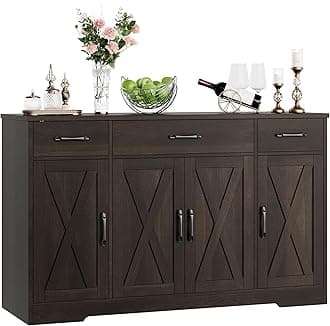 Buffet Cabinet with Drawers, 55" Large Sideboard Buffet Storage Cabinet with Shelves and Doors, Modern Farmhouse Coffee Bar Station Wood Kitchen Table for Kitchen, Dining Room, Dark Brown