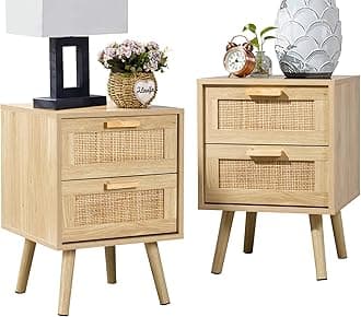Finnhomy Nightstands Set of 2, Night Stands Set 2 with Hand Made Rattan Decorated Drawers, Nightstand, End Table, Bedside Tables Set of 2 for Bedroom, Natural, 2 Pack