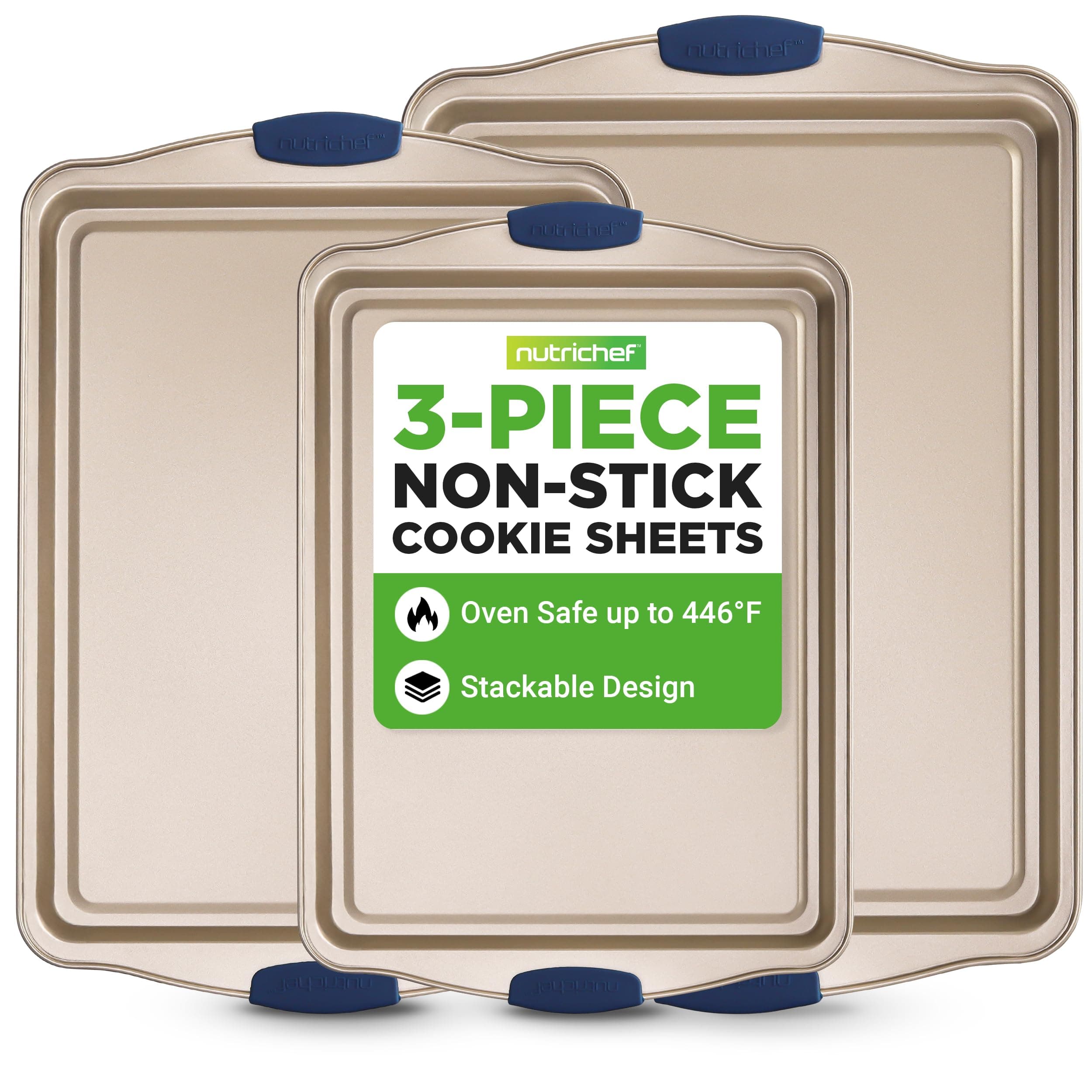 3‑Piece Non‑Toxic Cookie Sheets for Baking – Premium Carbon Steel Oven Tray Set with Blue Silicone Handles – Nonstick Baking Sheet Set for Cookies, Pastries & Oven‑Safe Cooking