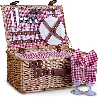 SatisInside UPGRADE INSULATED Deluxe 17Pcs Kit Wicker Picnic Basket Set For 2 People - Reinforced Handle - Plus A Free Waterproof Fleece Blanket Worth (dollars)16.99 - Red Gingham