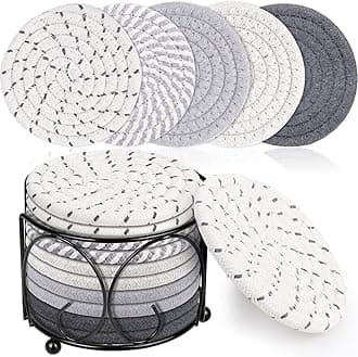 Lezmarket 10 Pcs Absorbent Drinks Coasters with Holder, 5 Colors Coasters for Drinks Absorbent, Minimalist Cotton Woven Coaster Set for Home Decor Tabletop Protection Suitable for All Cups, 4.3 inch