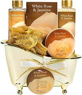 White Rose Jasmine Spa Set For Women in Elegant Gold Tub Includes Shower Gel, Bubble Bath, Body Lotion, Jasmine Bath Salt, Pouf, Award Winning Bath Body Set Gift – Mother's Day Gift for Mom