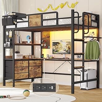 Dnxao Loft Bed Twin Size with L-Shaped Desk,Heavy Duty Metal Loft Bed for Adults Teens, 5 Storage Drawers & LED Lights,Charging Station,No Box Spring Needed, Space Saving for Small Room, Rustic Brown | Clothes Rack