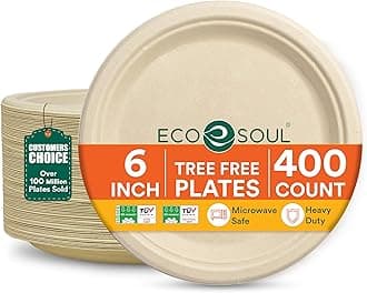 ECO SOUL Compostable Paper Plates 6 Inch, 400 Pack – Small Disposable Dessert Plates, Heavy Duty, Natural Bagasse, Leak-Resistant, Microwave Safe, Eco-Friendly Round Appetizer Plates for Party & BBQ