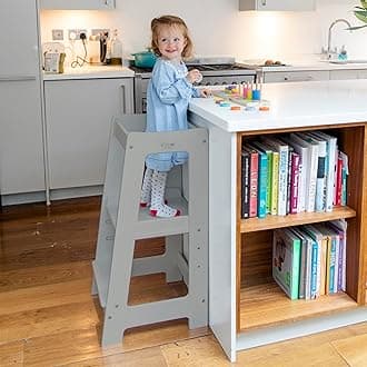 Stepup Baby Toddler Tower with Adjustable Step, Grey Montessori-Inspired Toddler Step Stool, Standing Tower for Kids, Fits Under Kitchen Counters, Adjustable for 18 Month - 5 Years