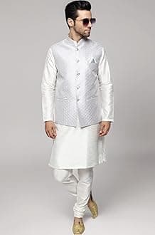 Uri and MacKenzie Men's Silk Blend Regular Kurta Churidar Pyjama with Bundi Nehru Jacket/Waistcoat